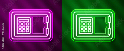 Glowing neon line Safe icon isolated on purple and green background. The door safe a bank vault with a combination lock. Reliable Data Protection. Vector.