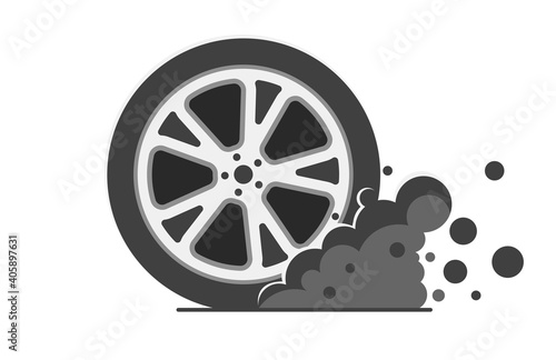 Rally sport car wheel tire with smoke vector icon. Simple flat cartoon. Automobile Wheel high-speed motion. Vector illustration.