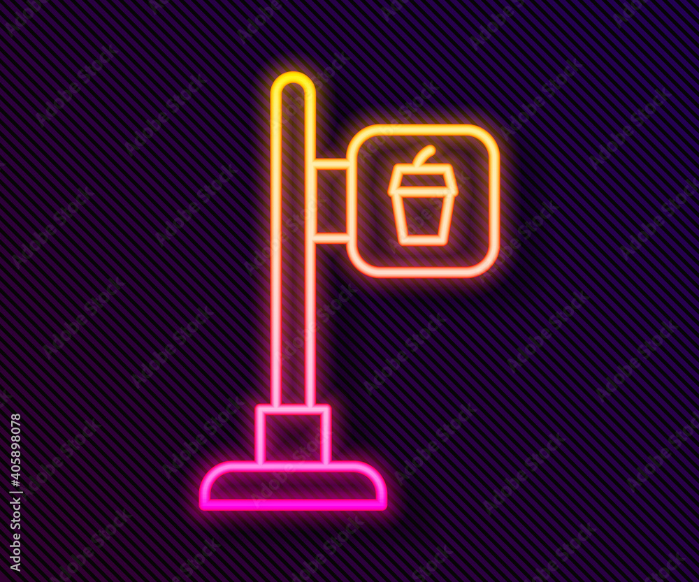 Glowing neon line Cafe and restaurant location icon isolated on black background. Fork and spoon eatery sign inside pinpoint. Vector.. Glowing neon line Cafe and restaurant location icon isolated on black background. Fork and spoon eatery sign inside pinpoint. Vector..