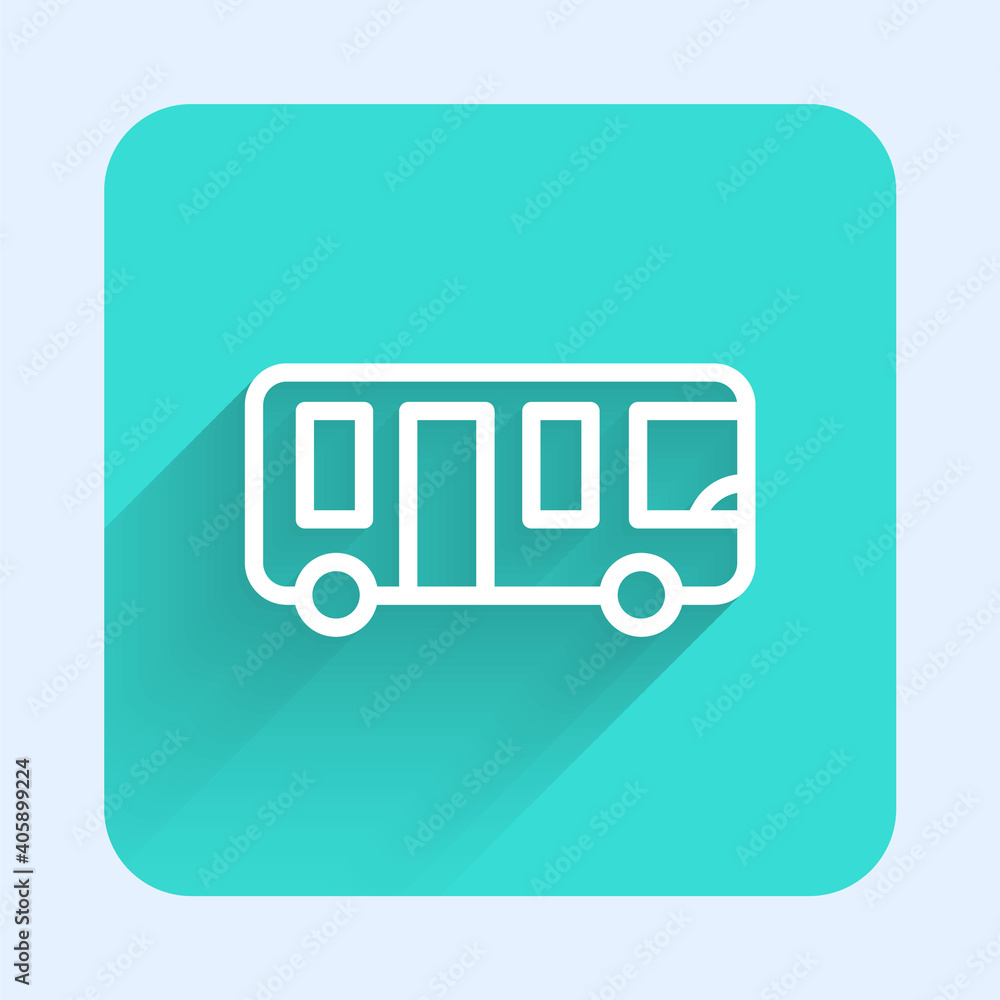 White line Airport bus icon isolated with long shadow. Green square button. Vector.
