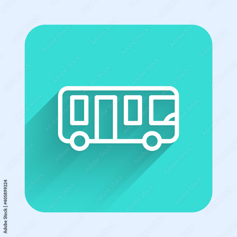 White line Airport bus icon isolated with long shadow. Green square button. Vector. White line Airport bus icon isolated with long shadow. Green square button. Vector.