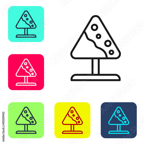 Black line Road sign avalanches icon isolated on white background. Snowslide or snowslip rapid flow of snow down a sloping surface. Set icons in color square buttons. Vector.