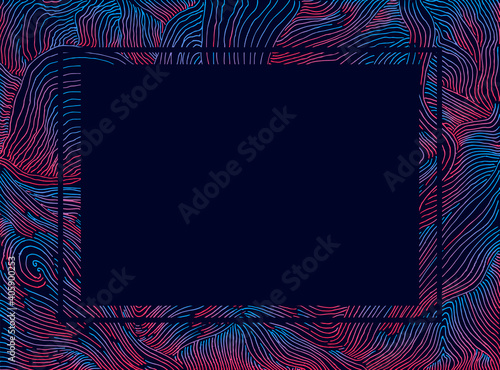 Psychedelic abstract frame with bright decorative lines neon pink blue color gradient outline and space place for text, isolated on dark