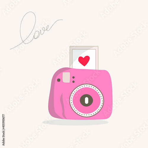 Romantic photocamera Retro photocamera with photocards in pink color Honeymoon Travel romantic Valentines day Love