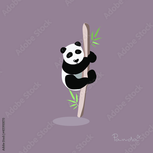 cartoon panda bamboo branch climbs and funny looks vector on beige background