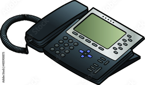 A voice-over-IP desktop phone with a large LCD screen.