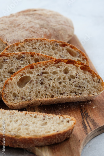 Fresh homemade rye ciabatta. The concept of comfortable delicious family food. Carbohydrates. Bakery.