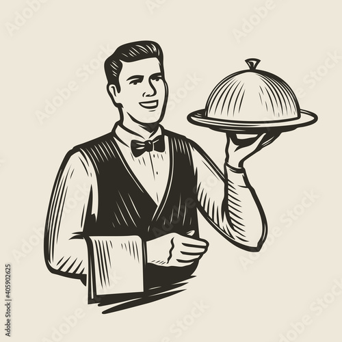 Waiter with a tray sketch. Restaurant, food service vector