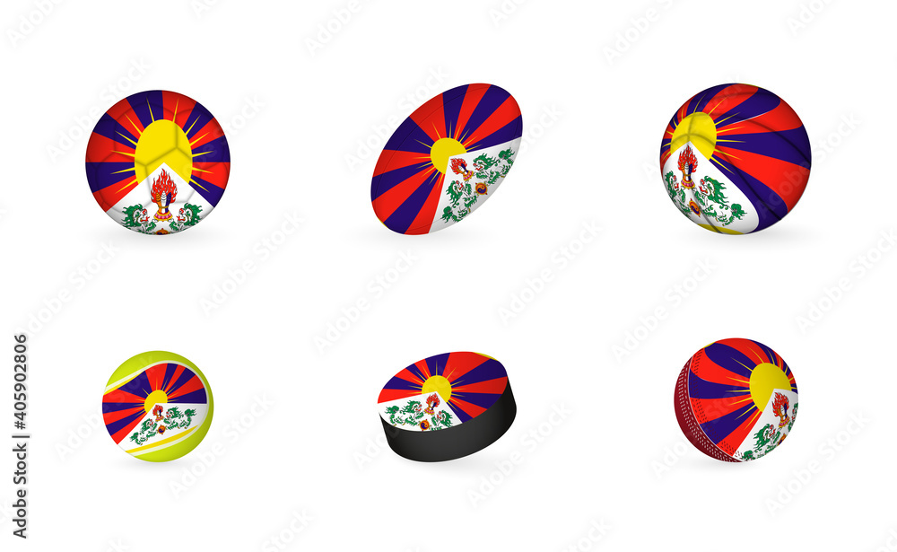 Sports equipment with flag of Tibet. Sports icon set. Sports equipment with flag of Tibet. Sports icon set.