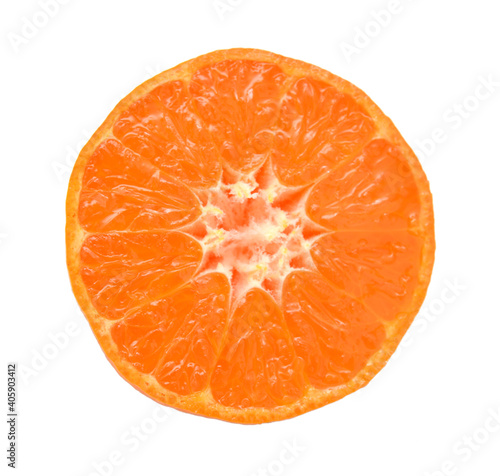 Slice of ripe tangerine isolated on white background