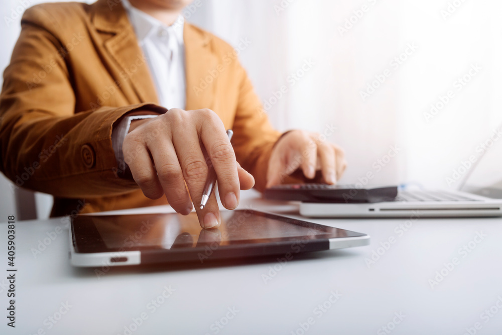 Fototapeta premium Searching Browsing Internet Data Information with blank search bar.businessman working with smart phone, tablet and laptop computer on desk in office. Networking Concept