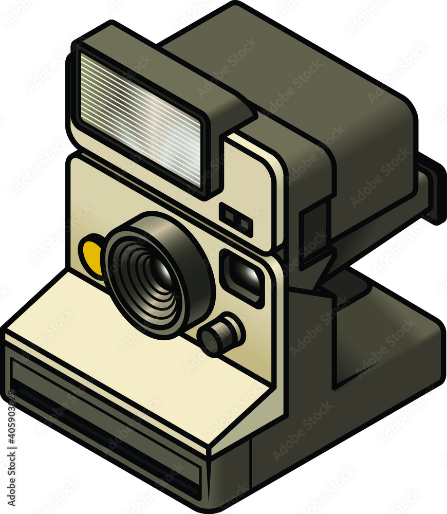 A retro instant print camera with a large flash gun and a slot for the film. A retro instant print camera with a large flash gun and a slot for the film.