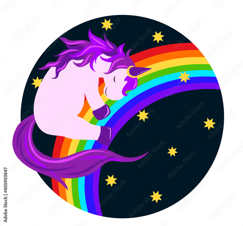 Funny unicorn surrounded by stars hugging a rainbow on round background. Vector illustration	