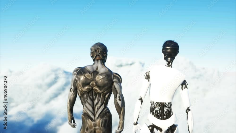 robotic family at a futuristic station in the clouds, against the backdrop of a flying city. Future family concept. Realistic 4k animation. robotic family at a futuristic station in the clouds, against the backdrop of a flying city. Future family concept. Realistic 4k animation.