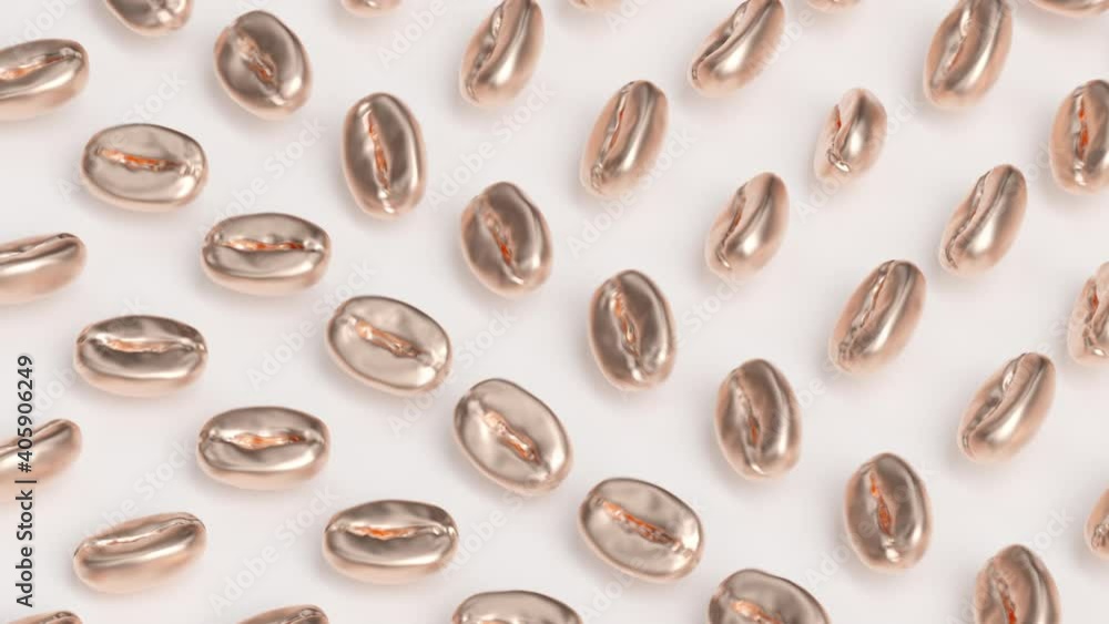 Abstract Coffee Beans Loop 1 Bronze x White: bright dynamic motion background of many smooth bronze coffee seeds waving and rotating above a white plane. Elegant coffee house backdrop. 
