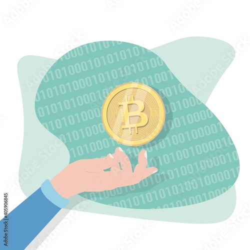 Cartoon hand holding a golden bitcoin on the abstract background. Cryptocurrency golden money. Digital blockchain symbol. Vector illustration in flat style.