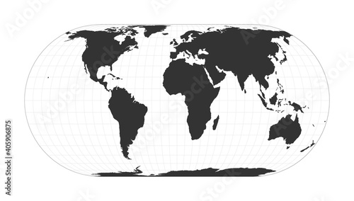 Map of the World. Herbert Hufnagel's pseudocylindrical equal-area projection. Globe with latitude and longitude net. World map on meridians and parallels background. Vector illustration.
