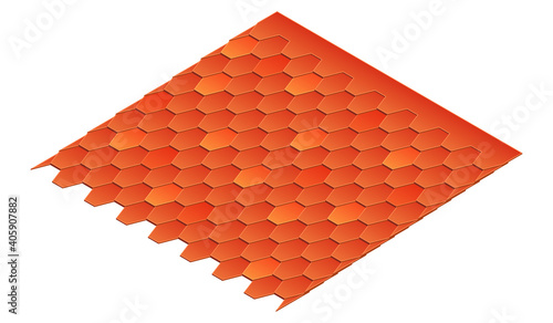 Isometric vector illustration red shingles bitumen roofing cover isolated on white background. Realistic shingles for roof covering vector icon in flat cartoon style. Construction material.