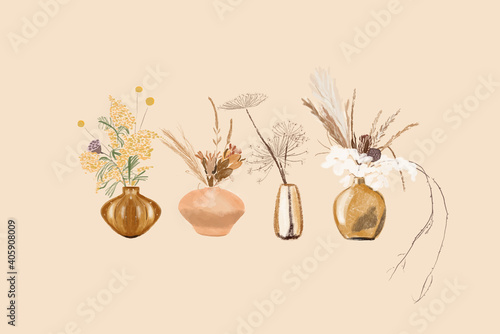 Set of bouquets in gold vases in pastel tones