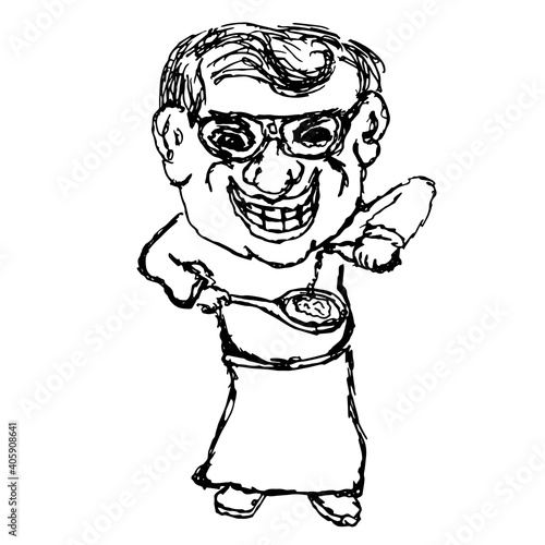 Hand drawn element, illustration in black on a white background. Evil professor doodle.