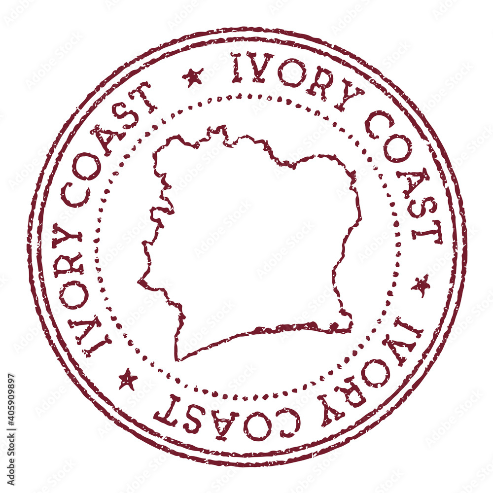 Ivory Coast round rubber stamp with country map. Vintage red passport stamp with circular text and stars, vector illustration. Ivory Coast round rubber stamp with country map. Vintage red passport stamp with circular text and stars, vector illustration.