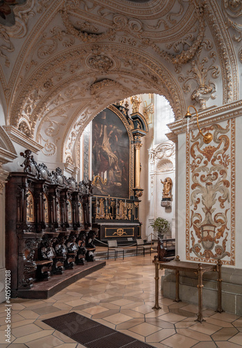 Passage view with mural in St. Lawrence Basilica in Kempten Germany