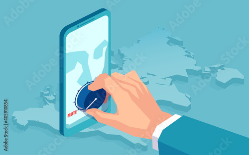 Vector of a hand muting volume down on a smartphone closing down social media account of an user