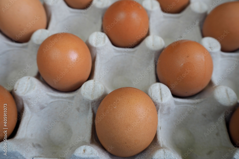 lots of dark raw eggs laid out across one in a cardboard tray side view lots of dark raw eggs laid out across one in a cardboard tray side view