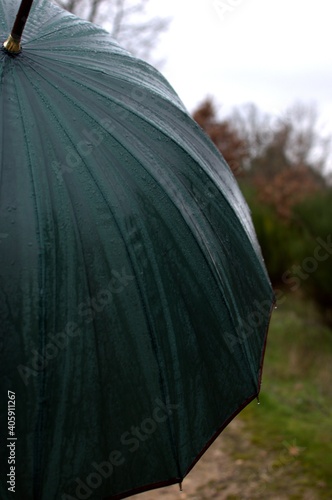 Dark green umbrella in rainy autumn or winter day with detail of the drops photo