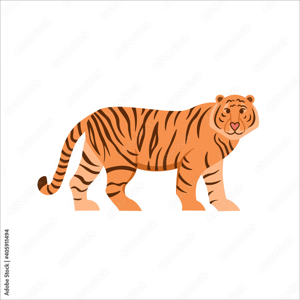 Cartoon tiger on a white background.Flat cartoon illustration for kids. Cartoon tiger on a white background.Flat cartoon illustration for kids.