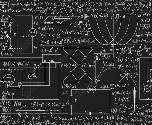 Back to school vector seamless pattern with handwritten technical drawings, physical formulas and figures