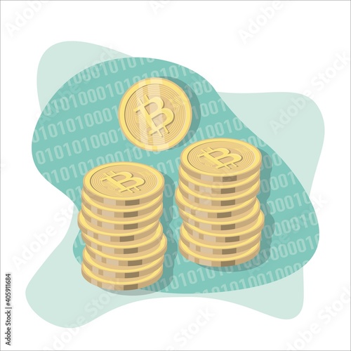 Cryptocurrency golden money digital blockchain symbol. Digital currency. Stack of golden coin with bitcoin symbol. Flat design style. Vector illustration.