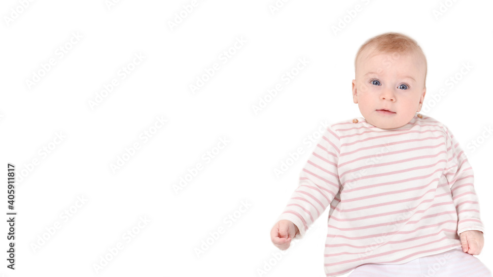 Cute caucasian baby girl, looking at camera, white striped clothes isolated. Copy space for text, banner. Cute caucasian baby girl, looking at camera, white striped clothes isolated. Copy space for text, banner.