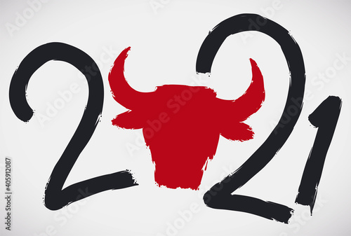 Brushstrokes Announcing the 2021 as the Chinese Ox Year, Vector Illustration