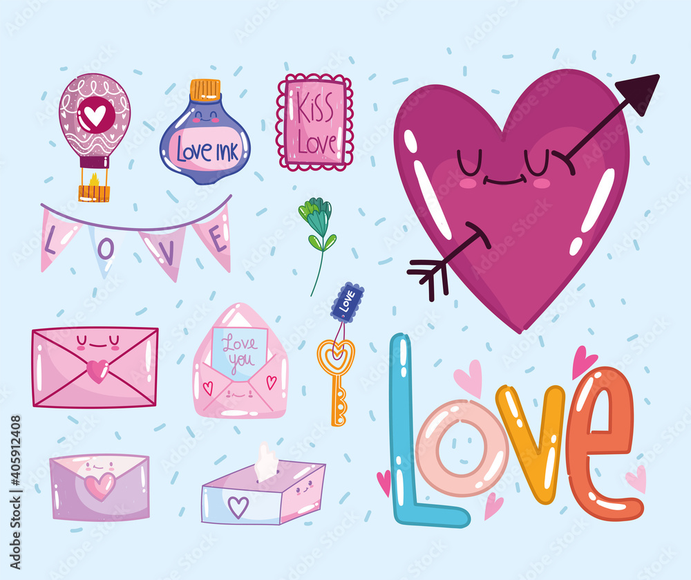love icons set, heart envelpe message flower romantic in cartoon style