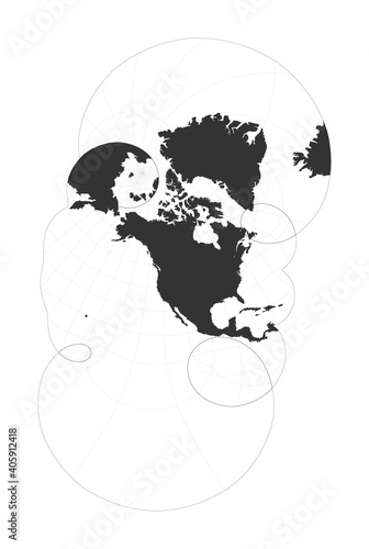Map of The World. Modified stereographic projection for the United States including Alaska and Hawaii. Globe with latitude and longitude net. World map on meridians and parallels background.