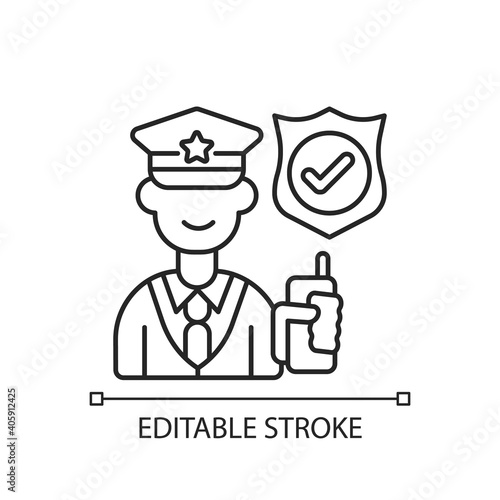 Service staff linear icon. Machine maintenance, building repairs. Patrolling, monitoring premises. Thin line customizable illustration. Contour symbol. Vector isolated outline drawing. Editable stroke