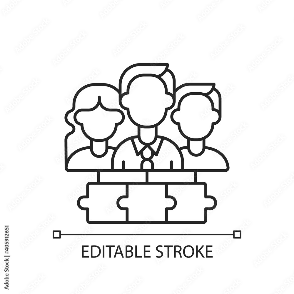Team linear icon. Working together. Cooperation for accomplishing purpose and tasks. Thin line customizable illustration. Contour symbol. Vector isolated outline drawing. Editable stroke