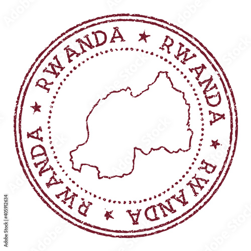 Rwanda round rubber stamp with country map. Vintage red passport stamp with circular text and stars, vector illustration.
