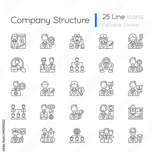 Company structure linear icons set. Corporate hierarchy. Leadership and personnel. Marketing tactic. Customizable thin line contour symbols. Isolated vector outline illustrations. Editable stroke