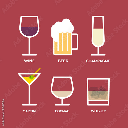 Set: alcohol drinks. Several kinds of glasses. Wine, beer, champagne, martini and cognac. Vector illustration, flat design
