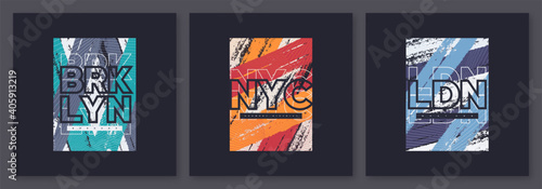 Set of abstract geometric t-shirt vector designs, graphic prints. Brooklyn, New York City, London