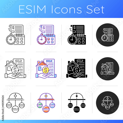 Pawnbroker shop icons set. Time limit. Collateral. Pawn symbol. Repaying by stated date. Real estate, assets form. Lombard banking. Linear, black and RGB color styles. Isolated vector illustrations