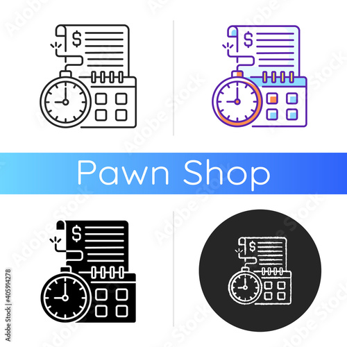 Time limit icon. Repaying by stated date. Loans with term lengths. Monthly payments. Interest costs. Penalties, fees. Linear black and RGB color styles. Isolated vector illustrations