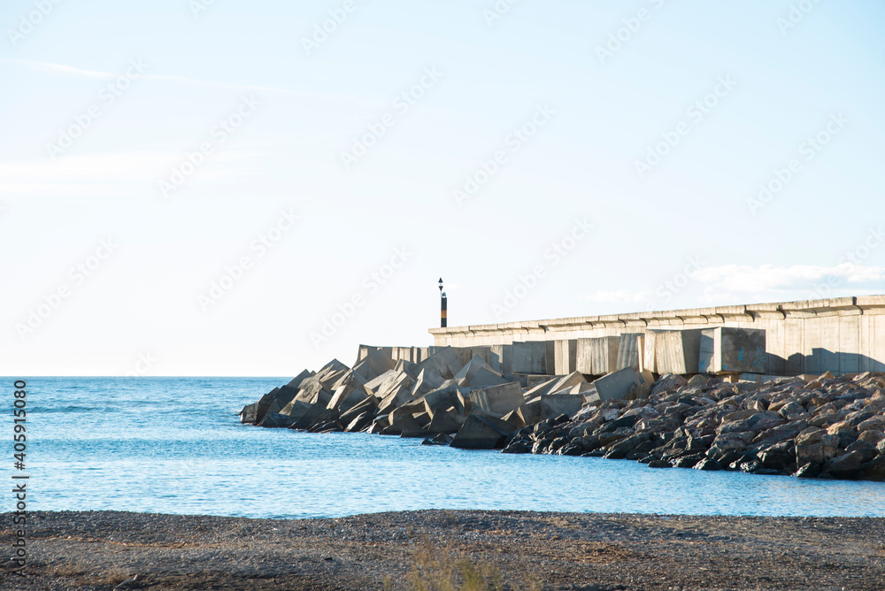 Breakwater with large square concrete blocks