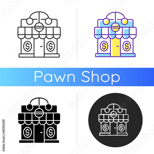 Pawnshop icon. Loaning money business. Collateral-based loans. Reselling retail items. Leaving personal property items. Linear black and RGB color styles. Isolated vector illustrations