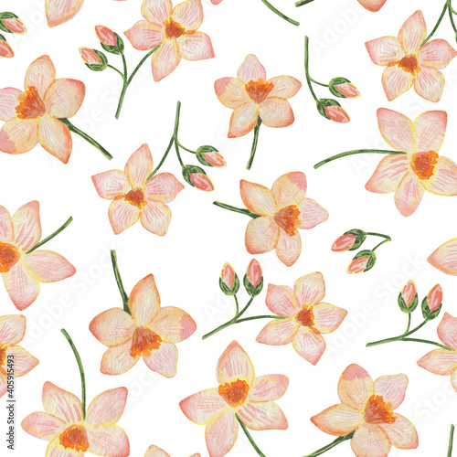 Seamless pattern, watercolor illustration, tropical flowers, background for different design, ornament for wallpaper and fabric