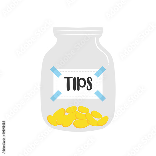 Tips jar, glass jar filled with golden coins vector illustration, icon. Collecting money concept.