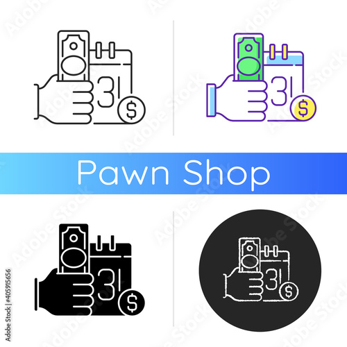 Payday loan icon. Short-term borrowing. Cash advance. Extending high interest credit. Securing by borrower next paycheck. Linear black and RGB color styles. Isolated vector illustrations