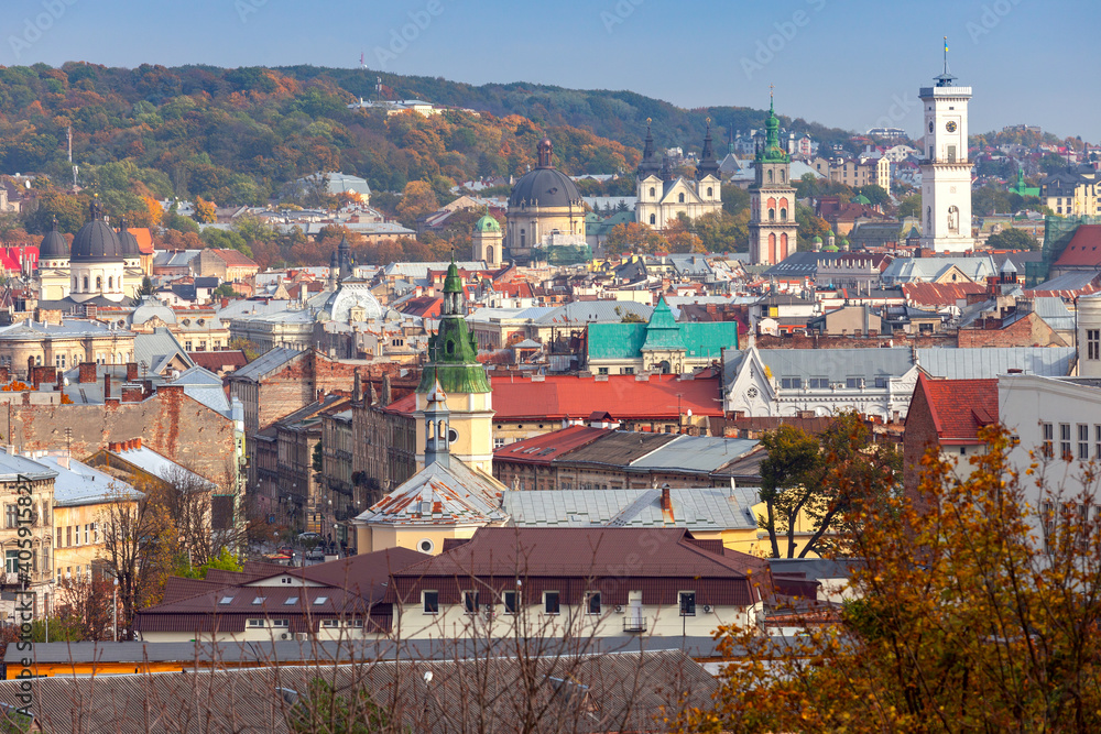 Lviv. Aerial city view in the morning.